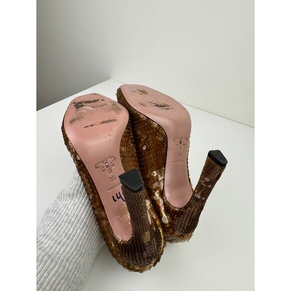 PRADA Womens Bronze Brown Metallic Sequin Peep Toe Pumps High Heels EU 35 - Picture 10 of 12